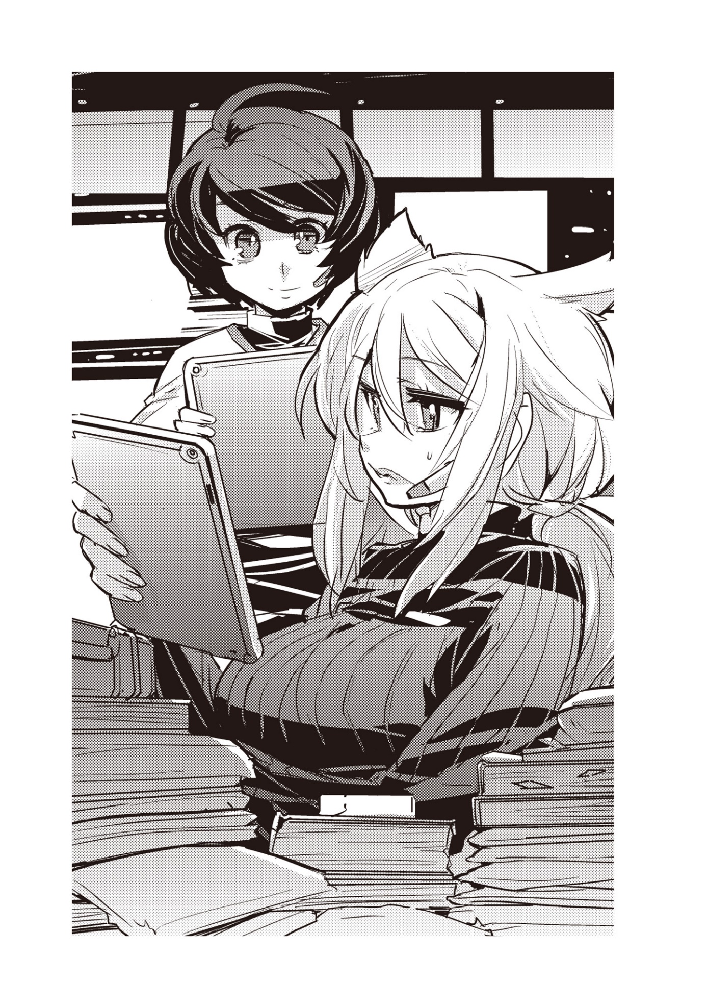 A couple of girls looking at a tablet Description automatically generated