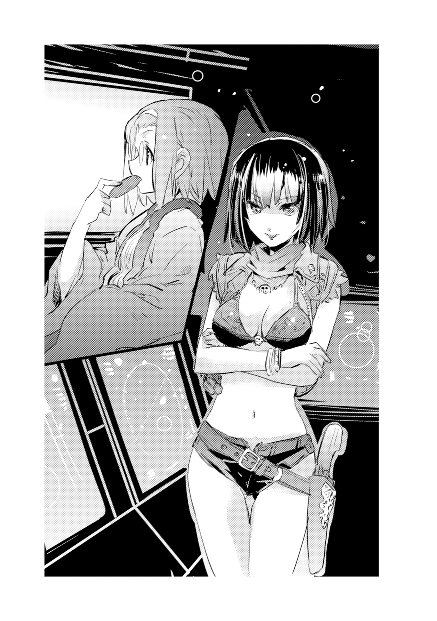 A black and white image of two people Description automatically generated