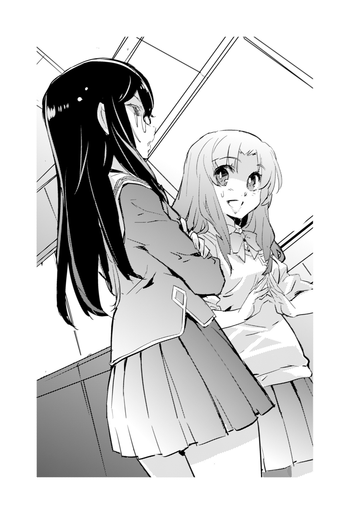 A black and white image of two girls Description automatically generated