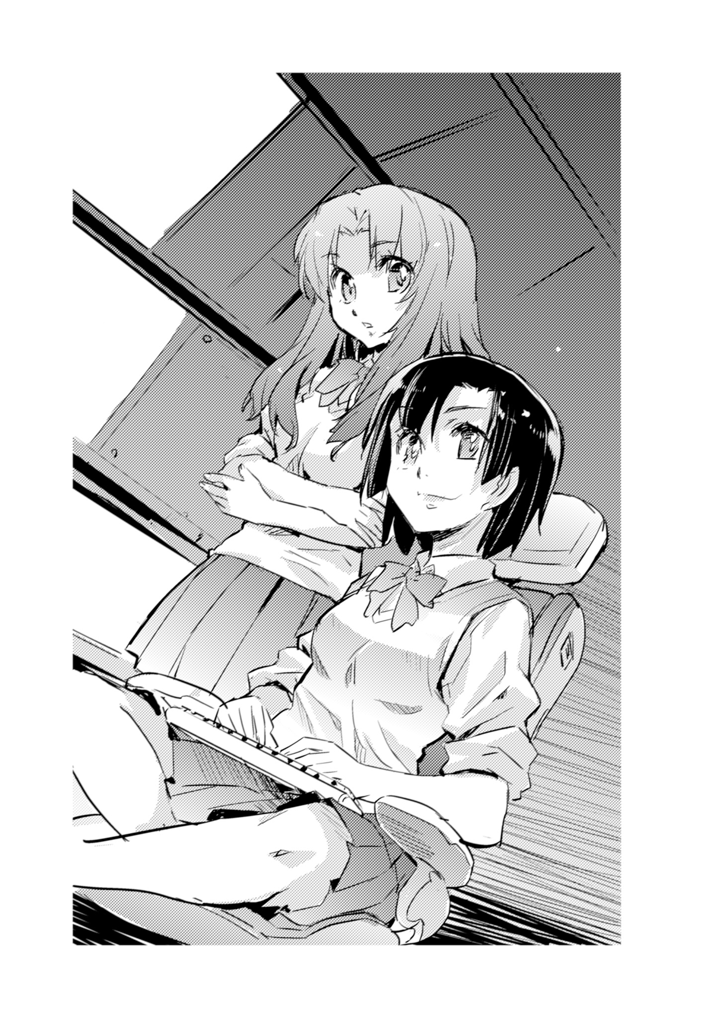 A black and white image of a couple of girls Description automatically generated