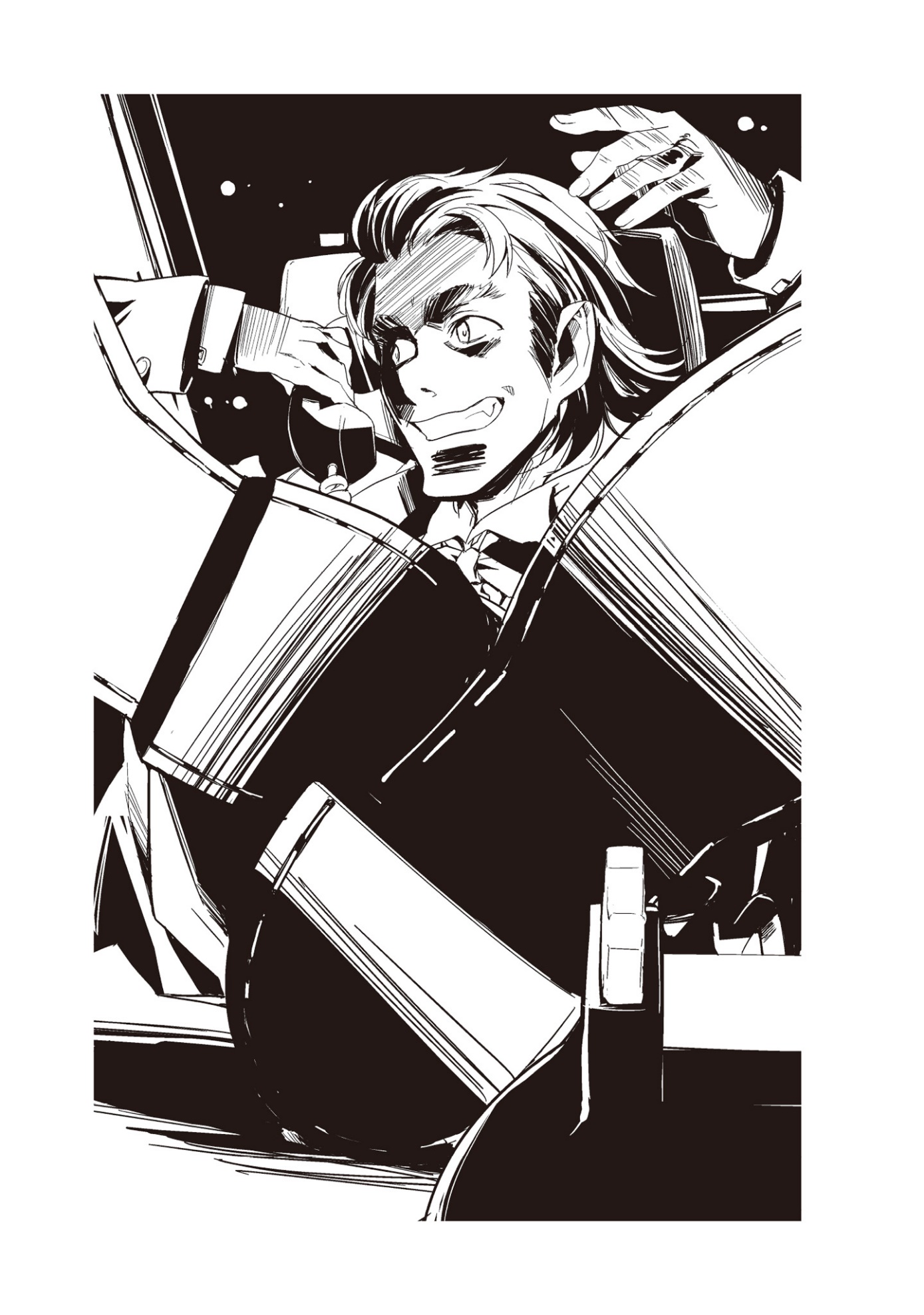 A black and white drawing of a person in a car Description automatically generated